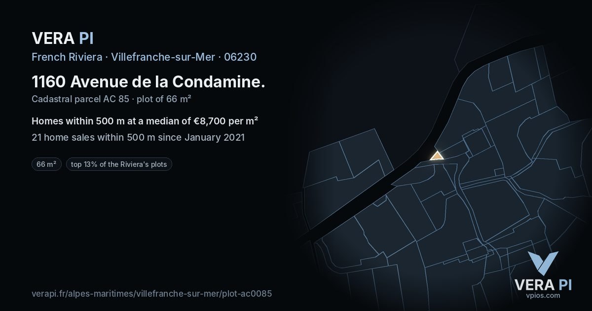 1160 Avenue de la Condamine, Villefranche-sur-Mer at night – the plot lit, the parcels around coloured by the prices near them