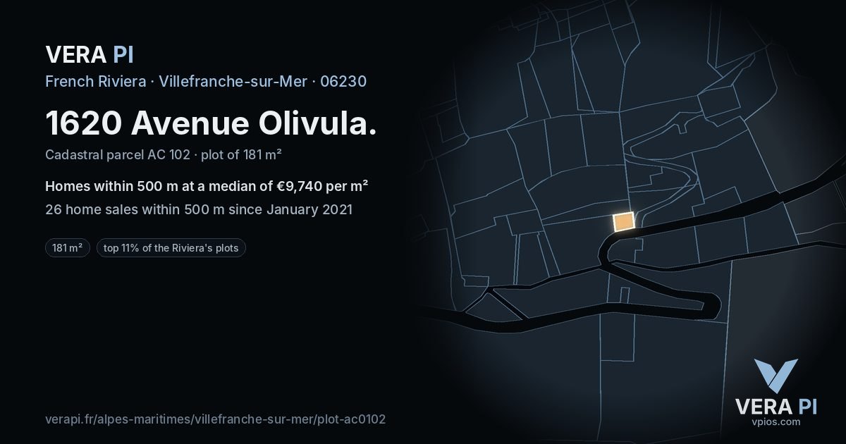 1620 Avenue Olivula, Villefranche-sur-Mer at night – the plot lit, the parcels around coloured by the prices near them