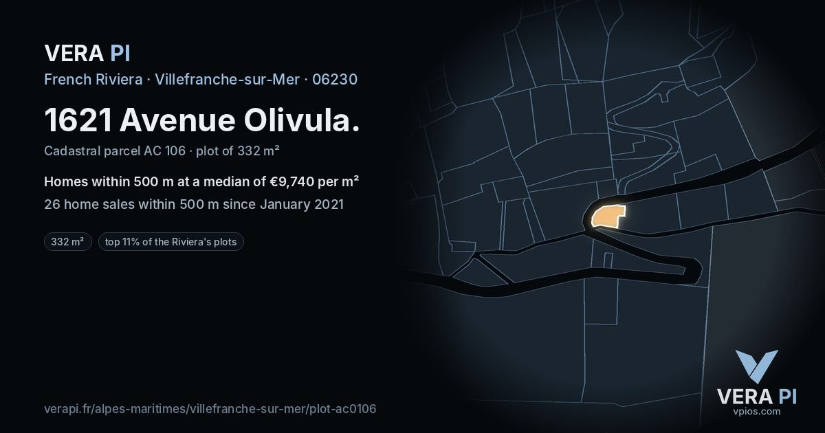 1621 Avenue Olivula, Villefranche-sur-Mer at night – the plot lit, the parcels around coloured by the prices near them