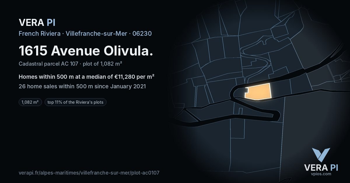 1615 Avenue Olivula, Villefranche-sur-Mer at night – the plot lit, the parcels around coloured by the prices near them