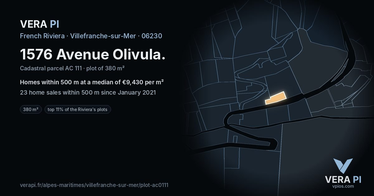 1576 Avenue Olivula, Villefranche-sur-Mer at night – the plot lit, the parcels around coloured by the prices near them