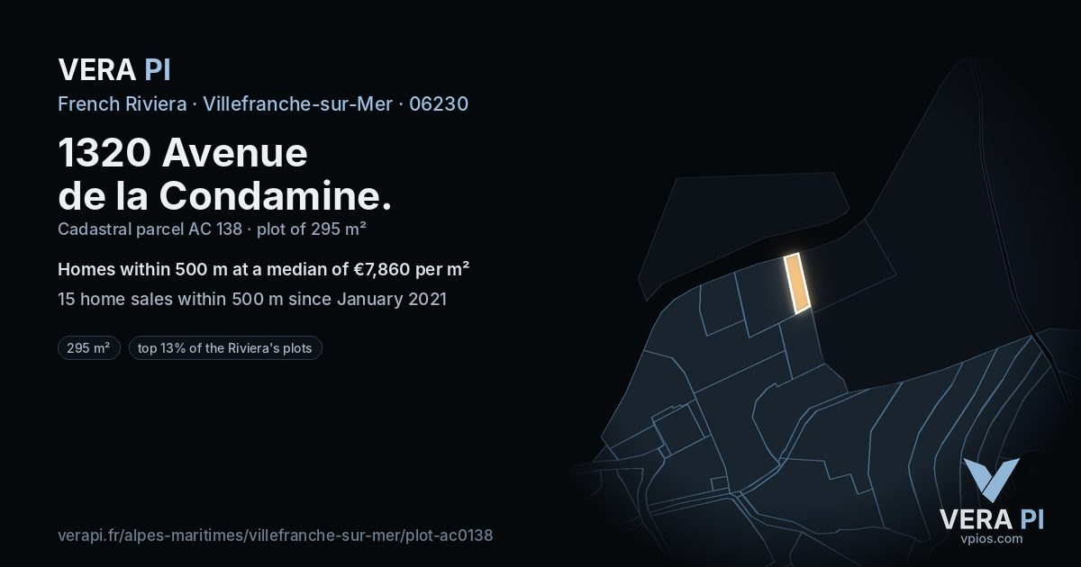 1320 Avenue de la Condamine, Villefranche-sur-Mer at night – the plot lit, the parcels around coloured by the prices near them
