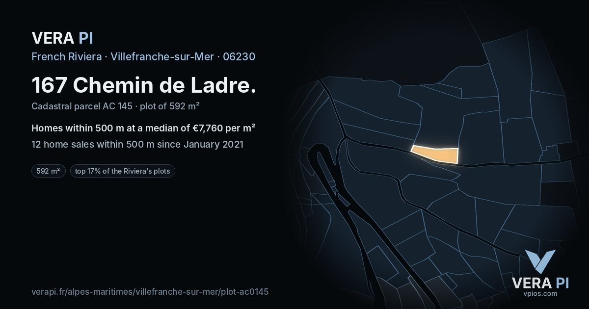 167 Chemin de Ladre, Villefranche-sur-Mer at night – the plot lit, the parcels around coloured by the prices near them