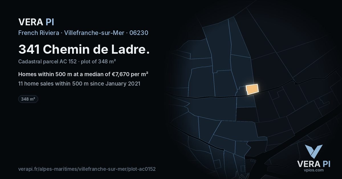 341 Chemin de Ladre, Villefranche-sur-Mer at night – the plot lit, the parcels around coloured by the prices near them