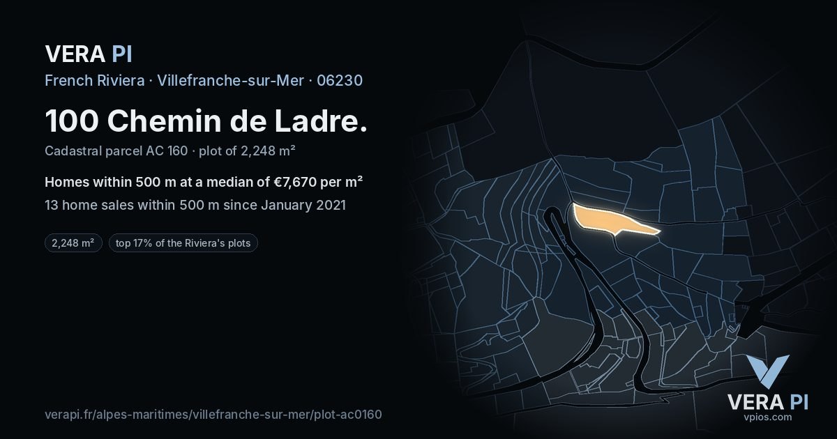 100 Chemin de Ladre, Villefranche-sur-Mer at night – the plot lit, the parcels around coloured by the prices near them