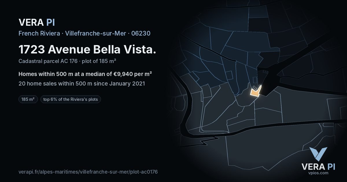1723 Avenue Bella Vista, Villefranche-sur-Mer at night – the plot lit, the parcels around coloured by the prices near them