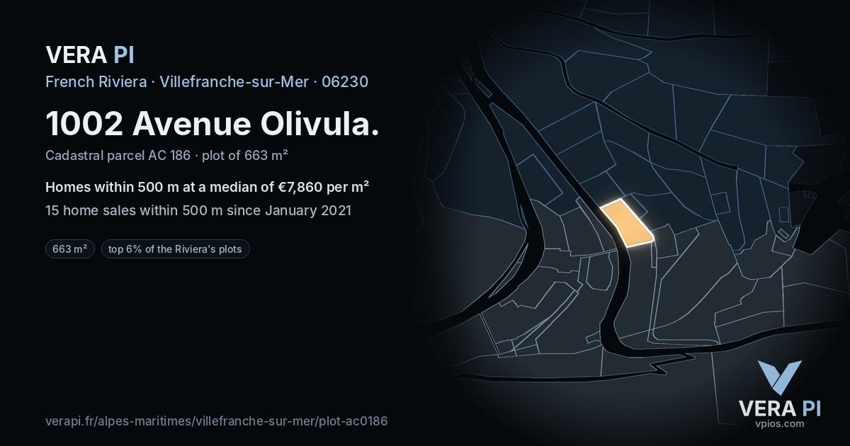 1002 Avenue Olivula, Villefranche-sur-Mer at night – the plot lit, the parcels around coloured by the prices near them