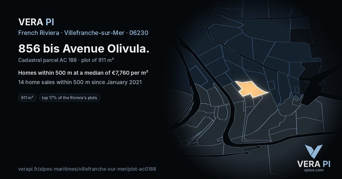 856 bis Avenue Olivula, Villefranche-sur-Mer at night – the plot lit, the parcels around coloured by the prices near them