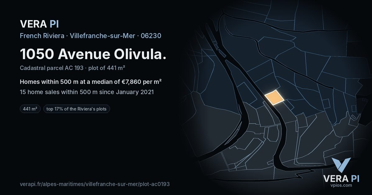 1050 Avenue Olivula, Villefranche-sur-Mer at night – the plot lit, the parcels around coloured by the prices near them