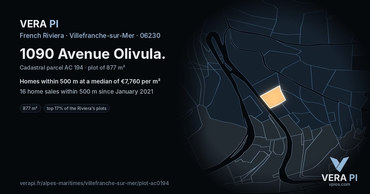 1090 Avenue Olivula, Villefranche-sur-Mer at night – the plot lit, the parcels around coloured by the prices near them