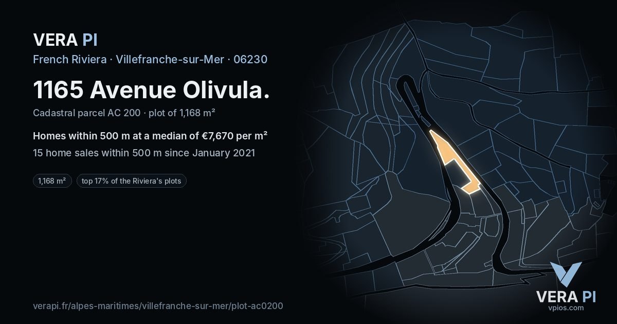 1165 Avenue Olivula, Villefranche-sur-Mer at night – the plot lit, the parcels around coloured by the prices near them