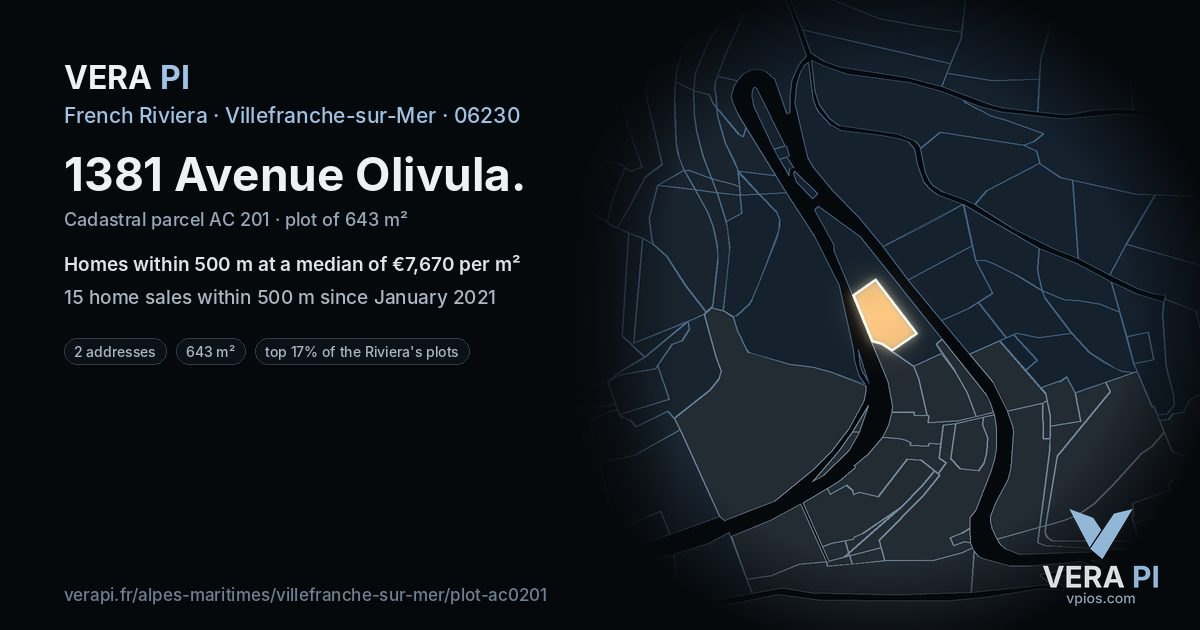 1381 Avenue Olivula, Villefranche-sur-Mer at night – the plot lit, the parcels around coloured by the prices near them