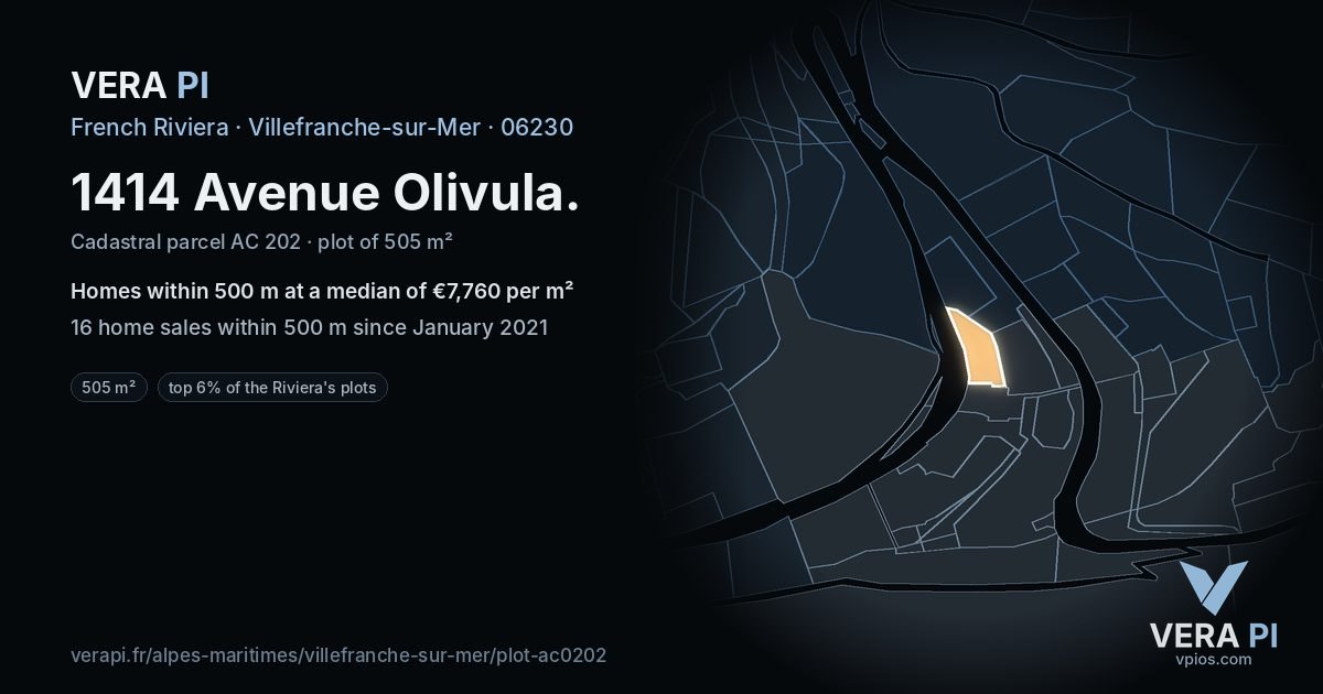 1414 Avenue Olivula, Villefranche-sur-Mer at night – the plot lit, the parcels around coloured by the prices near them