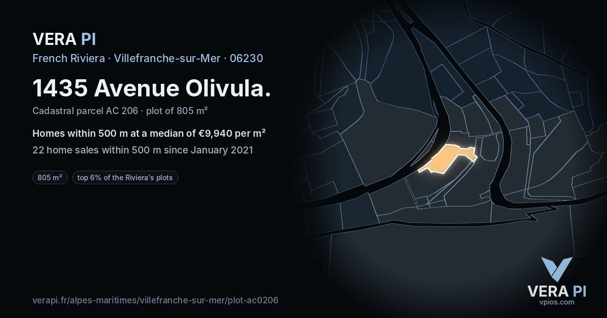 1435 Avenue Olivula, Villefranche-sur-Mer at night – the plot lit, the parcels around coloured by the prices near them