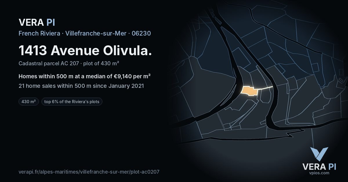 1413 Avenue Olivula, Villefranche-sur-Mer at night – the plot lit, the parcels around coloured by the prices near them