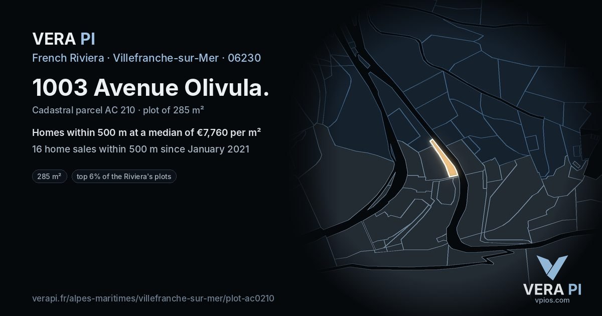 1003 Avenue Olivula, Villefranche-sur-Mer at night – the plot lit, the parcels around coloured by the prices near them