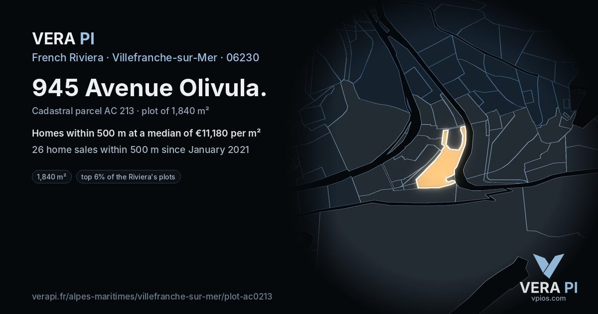 945 Avenue Olivula, Villefranche-sur-Mer at night – the plot lit, the parcels around coloured by the prices near them