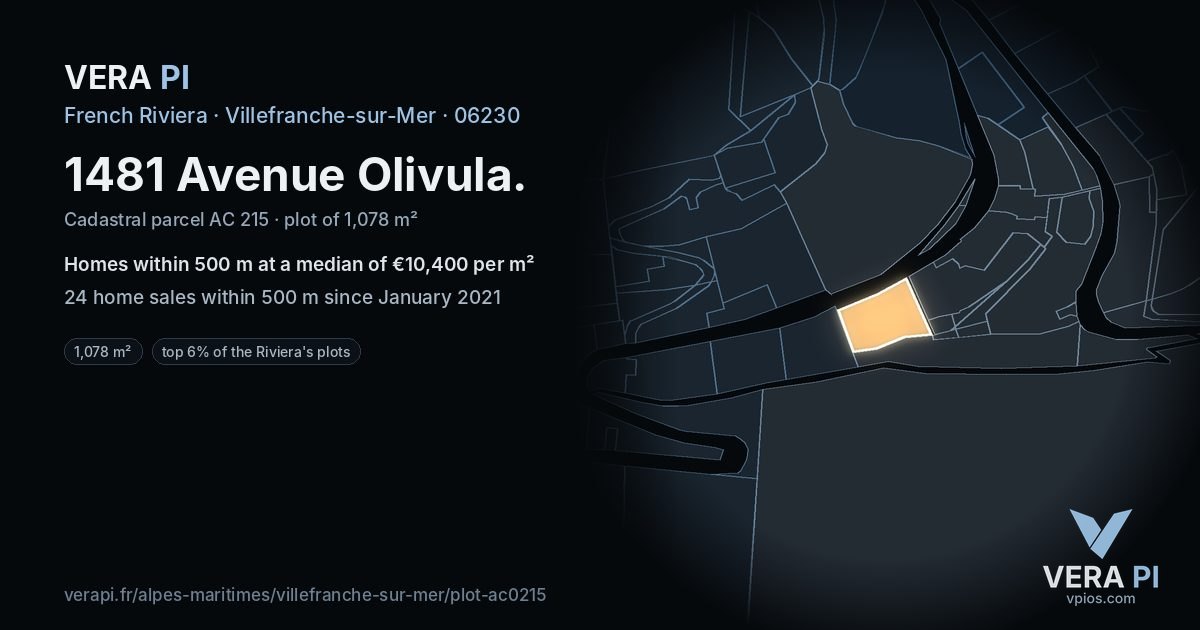 1481 Avenue Olivula, Villefranche-sur-Mer at night – the plot lit, the parcels around coloured by the prices near them