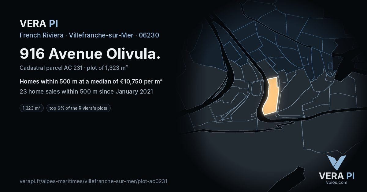 916 Avenue Olivula, Villefranche-sur-Mer at night – the plot lit, the parcels around coloured by the prices near them