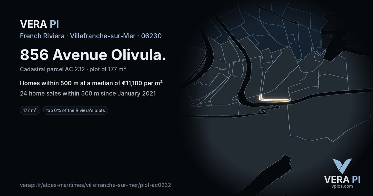 856 Avenue Olivula, Villefranche-sur-Mer at night – the plot lit, the parcels around coloured by the prices near them