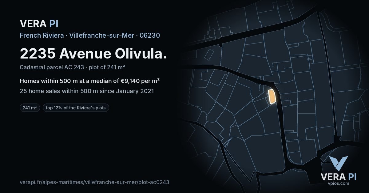 2235 Avenue Olivula, Villefranche-sur-Mer at night – the plot lit, the parcels around coloured by the prices near them
