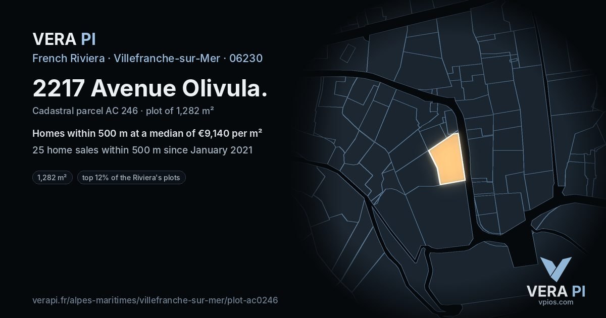 2217 Avenue Olivula, Villefranche-sur-Mer at night – the plot lit, the parcels around coloured by the prices near them
