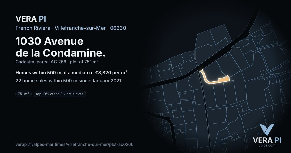 1030 Avenue de la Condamine, Villefranche-sur-Mer at night – the plot lit, the parcels around coloured by the prices near them