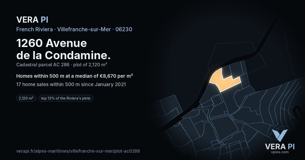 1260 Avenue de la Condamine, Villefranche-sur-Mer at night – the plot lit, the parcels around coloured by the prices near them