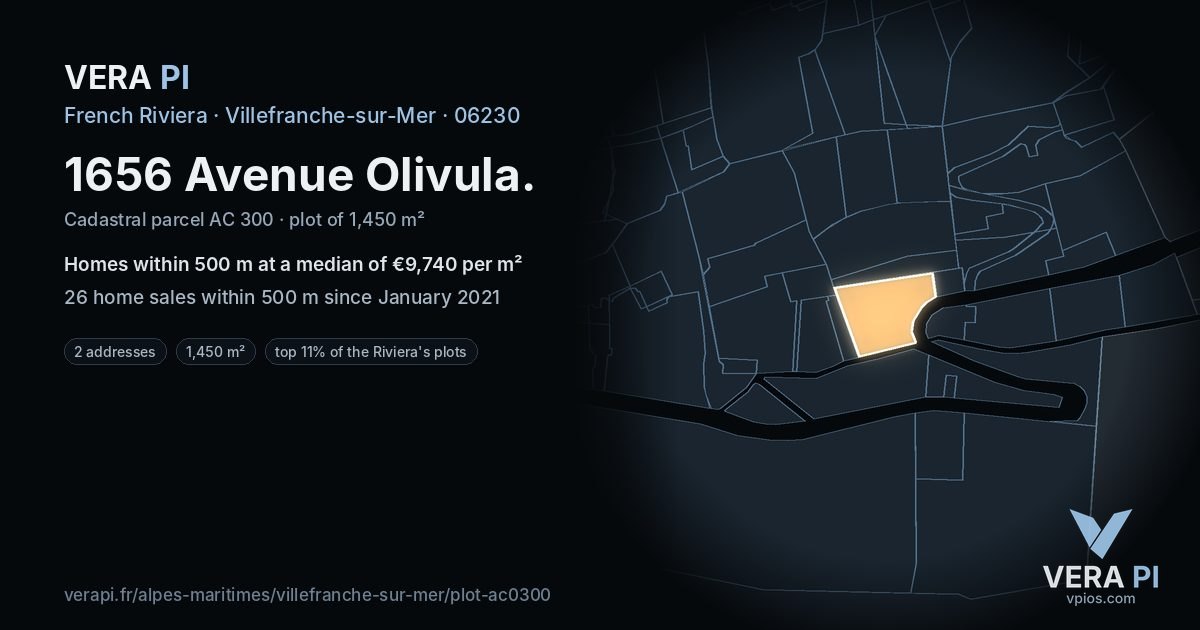 1656 Avenue Olivula, Villefranche-sur-Mer at night – the plot lit, the parcels around coloured by the prices near them