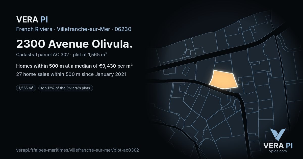 2300 Avenue Olivula, Villefranche-sur-Mer at night – the plot lit, the parcels around coloured by the prices near them