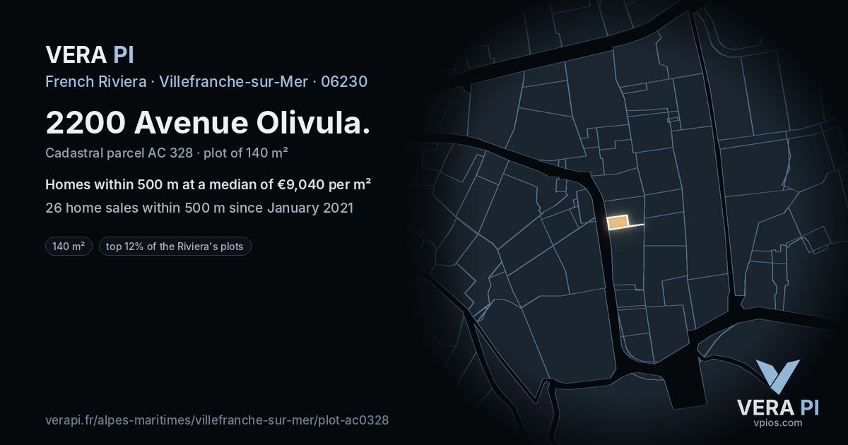 2200 Avenue Olivula, Villefranche-sur-Mer at night – the plot lit, the parcels around coloured by the prices near them