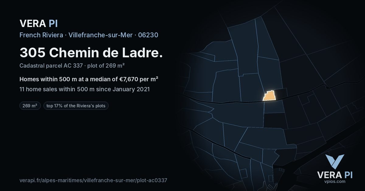 305 Chemin de Ladre, Villefranche-sur-Mer at night – the plot lit, the parcels around coloured by the prices near them