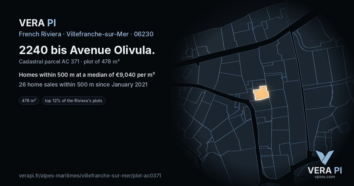 2240 bis Avenue Olivula, Villefranche-sur-Mer at night – the plot lit, the parcels around coloured by the prices near them