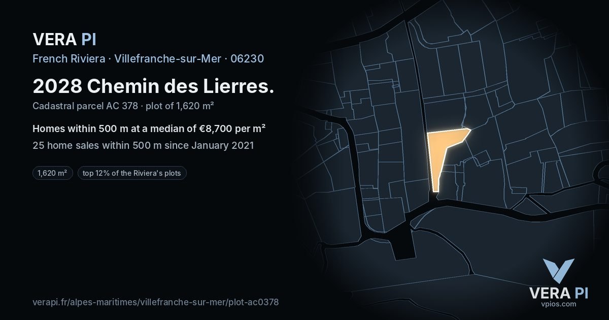 2028 Chemin des Lierres, Villefranche-sur-Mer at night – the plot lit, the parcels around coloured by the prices near them