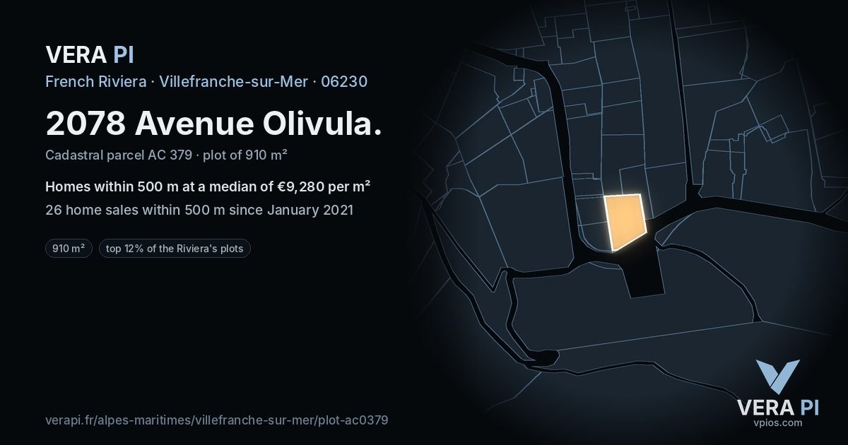2078 Avenue Olivula, Villefranche-sur-Mer at night – the plot lit, the parcels around coloured by the prices near them