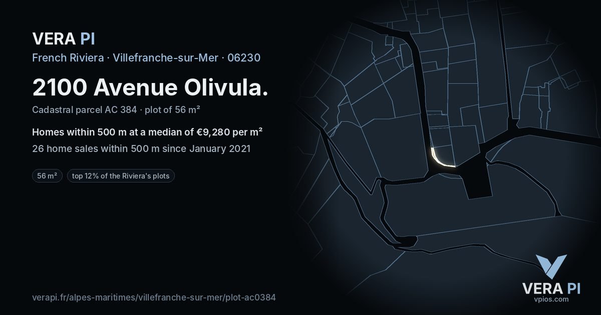 2100 Avenue Olivula, Villefranche-sur-Mer at night – the plot lit, the parcels around coloured by the prices near them