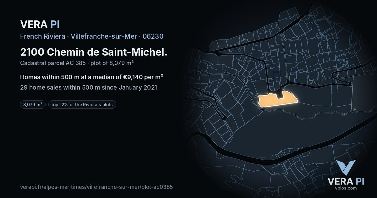 2100 Chemin de Saint-Michel, Villefranche-sur-Mer at night – the plot lit, the parcels around coloured by the prices near them