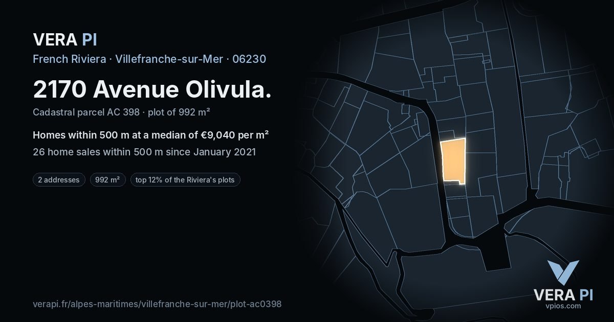 2170 Avenue Olivula, Villefranche-sur-Mer at night – the plot lit, the parcels around coloured by the prices near them
