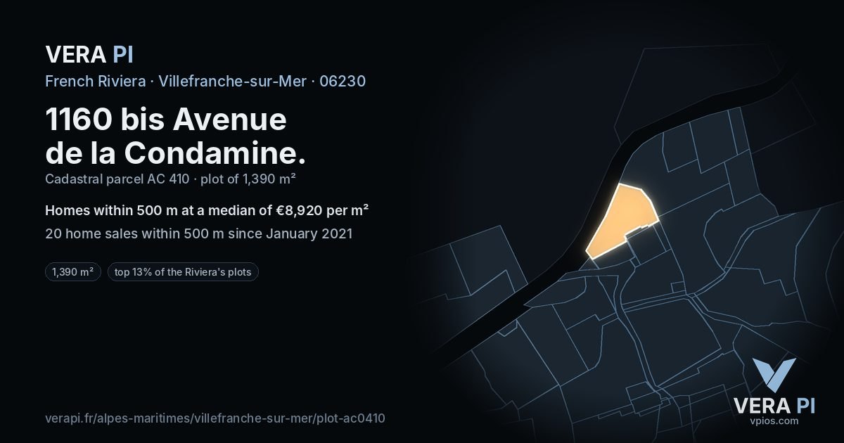 1160 bis Avenue de la Condamine, Villefranche-sur-Mer at night – the plot lit, the parcels around coloured by the prices near them