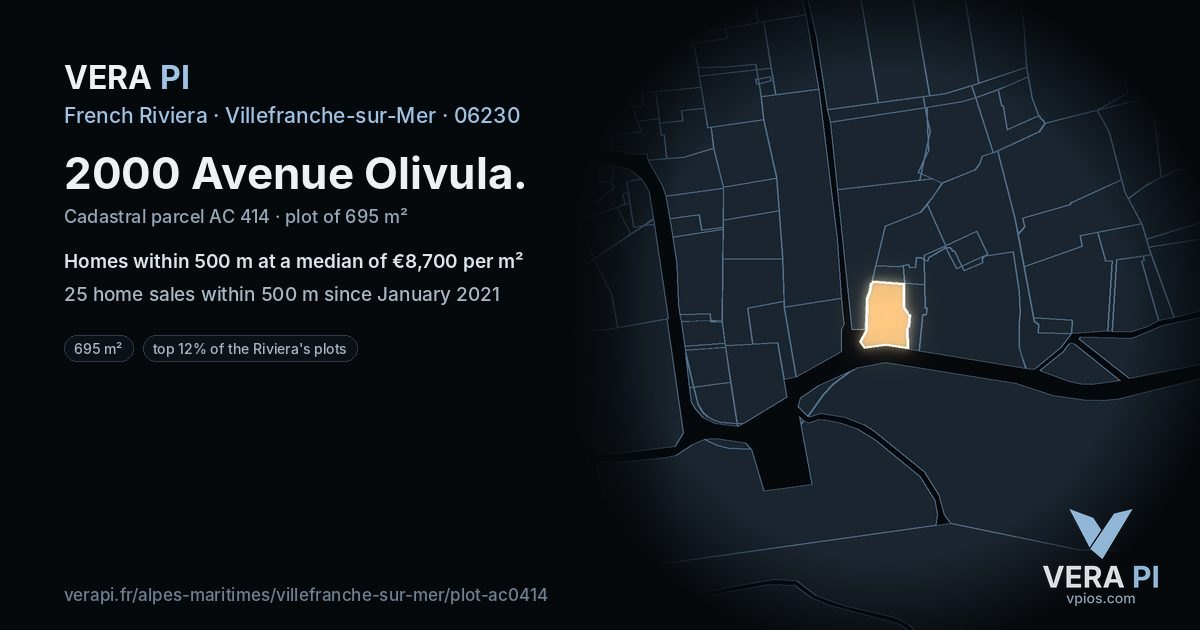 2000 Avenue Olivula, Villefranche-sur-Mer at night – the plot lit, the parcels around coloured by the prices near them