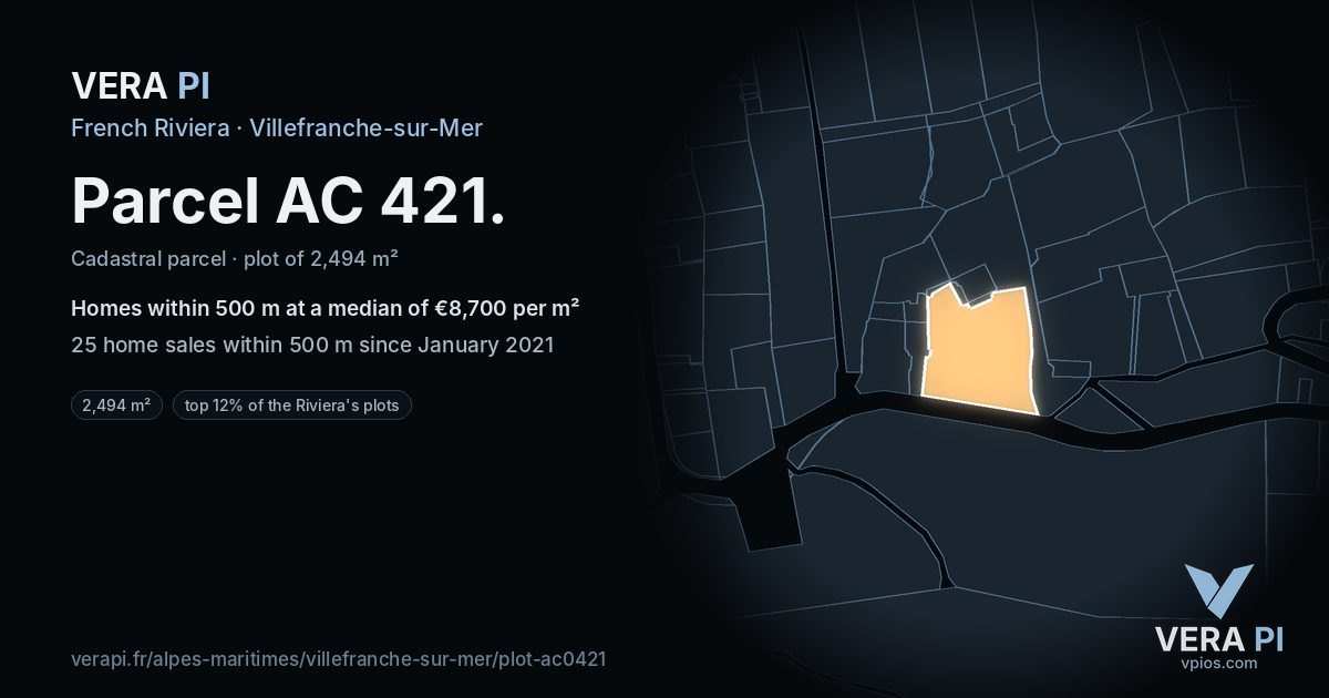 Parcel AC 421, Villefranche-sur-Mer at night – the plot lit, the parcels around coloured by the prices near them