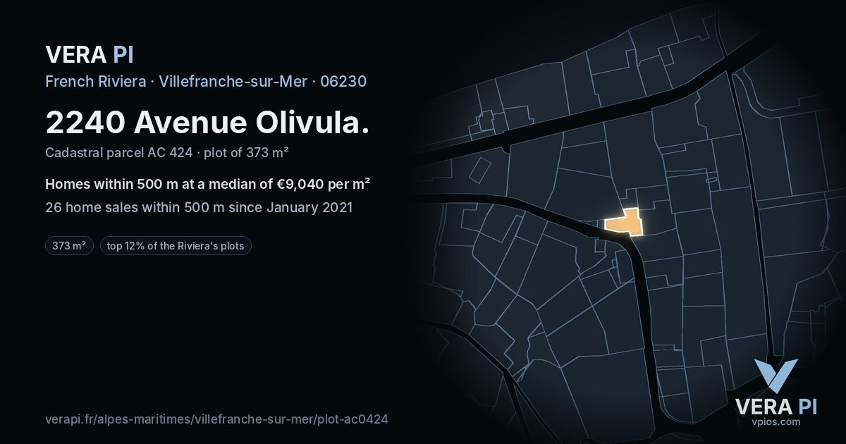 2240 Avenue Olivula, Villefranche-sur-Mer at night – the plot lit, the parcels around coloured by the prices near them