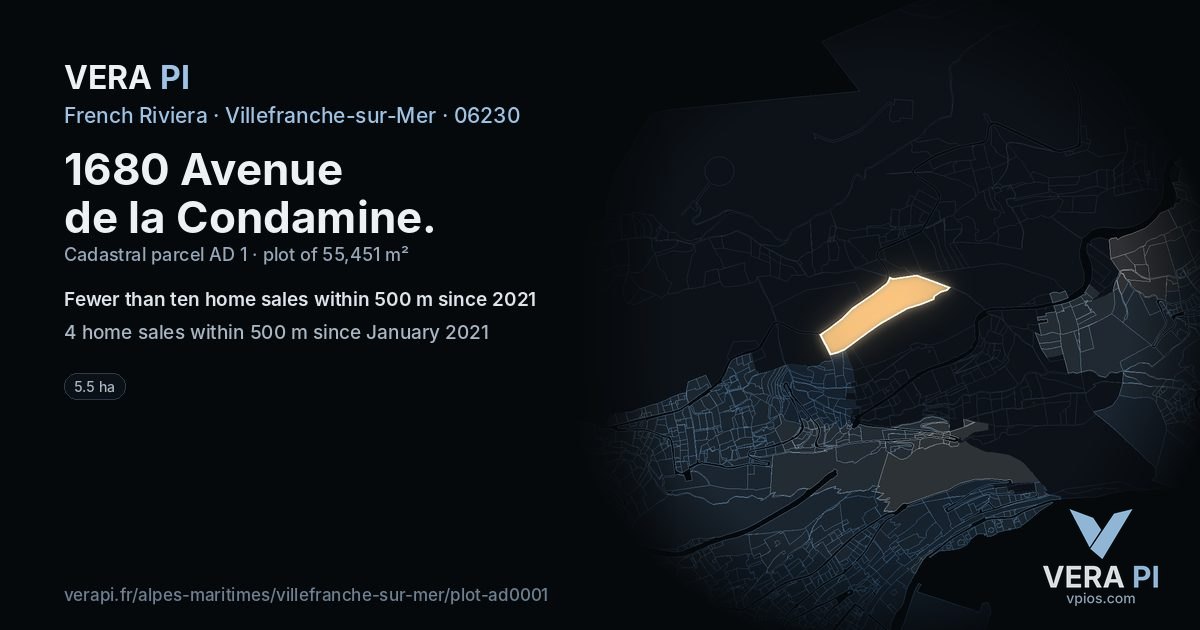 1680 Avenue de la Condamine, Villefranche-sur-Mer at night – the plot lit, the parcels around coloured by the prices near them