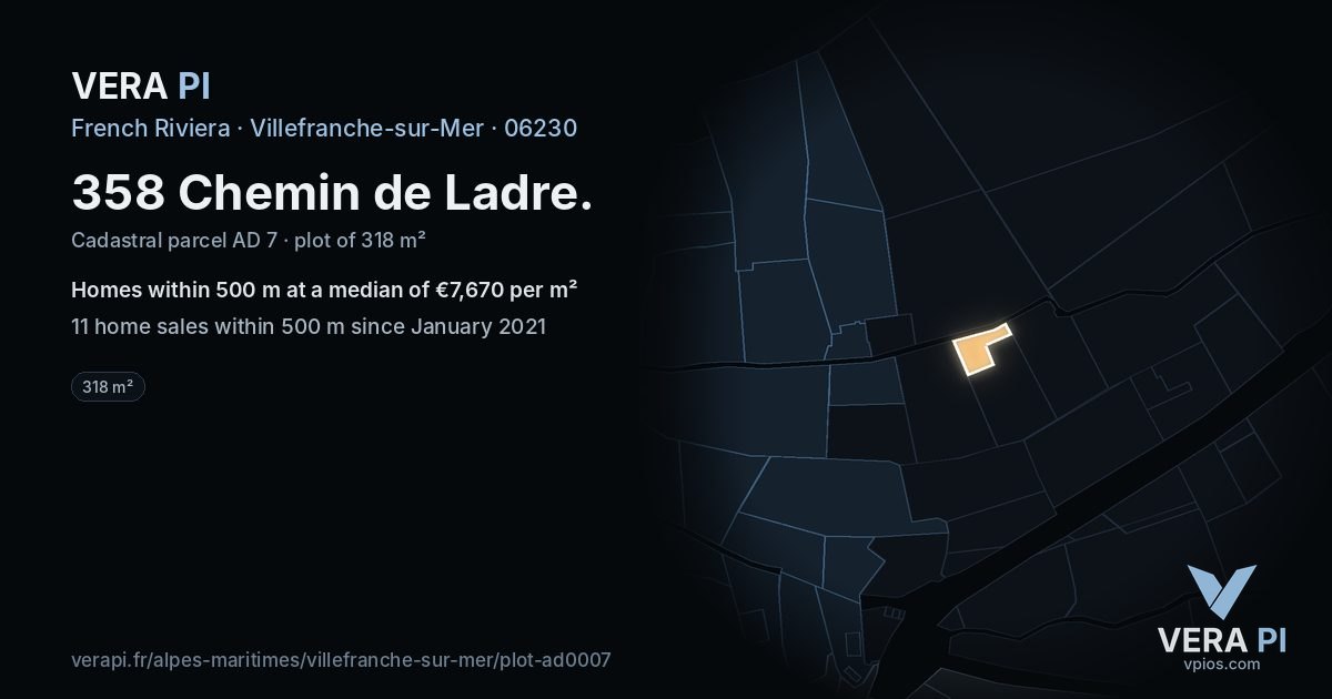 358 Chemin de Ladre, Villefranche-sur-Mer at night – the plot lit, the parcels around coloured by the prices near them