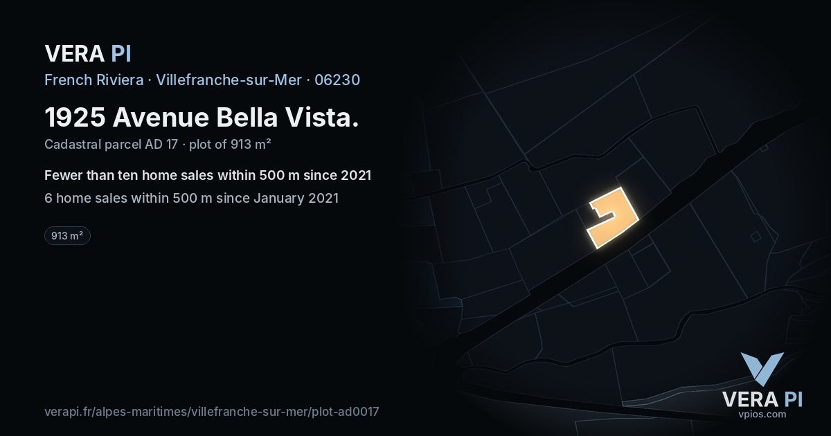 1925 Avenue Bella Vista, Villefranche-sur-Mer at night – the plot lit, the parcels around coloured by the prices near them