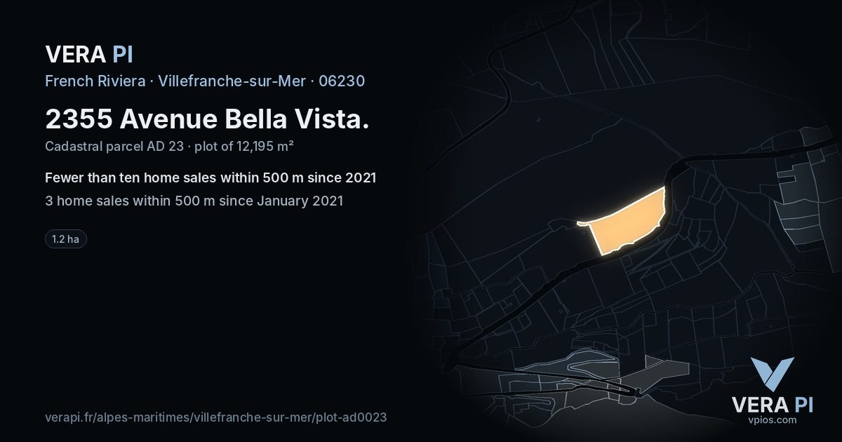 2355 Avenue Bella Vista, Villefranche-sur-Mer at night – the plot lit, the parcels around coloured by the prices near them
