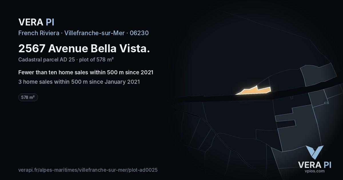 2567 Avenue Bella Vista, Villefranche-sur-Mer at night – the plot lit, the parcels around coloured by the prices near them