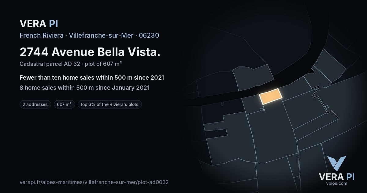 2744 Avenue Bella Vista, Villefranche-sur-Mer at night – the plot lit, the parcels around coloured by the prices near them