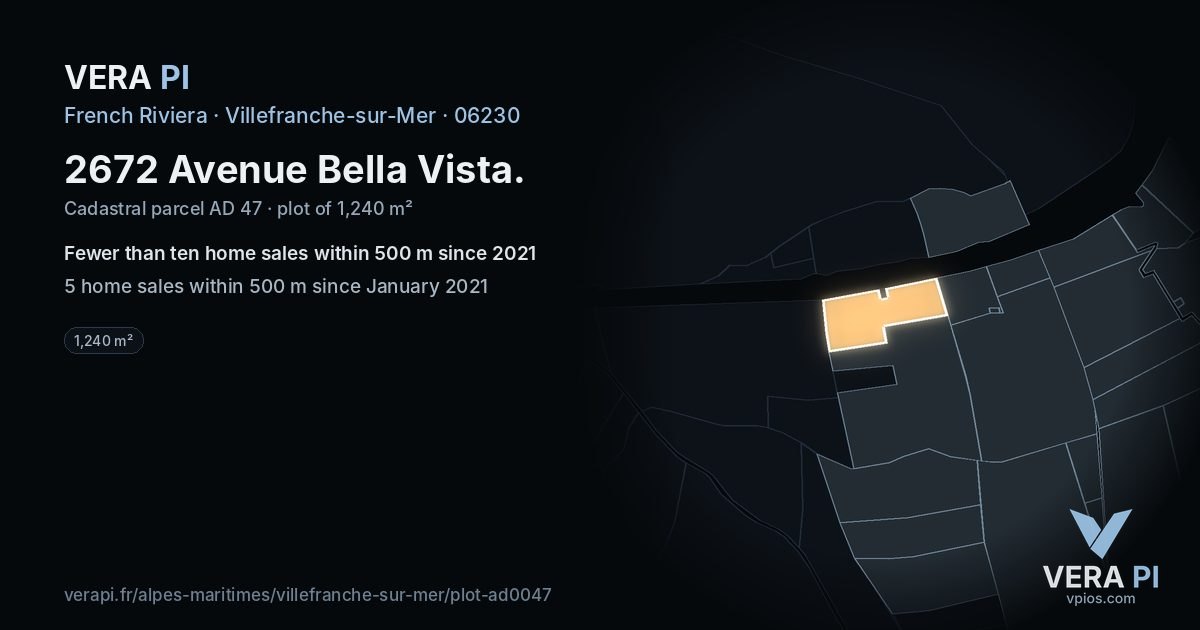2672 Avenue Bella Vista, Villefranche-sur-Mer at night – the plot lit, the parcels around coloured by the prices near them