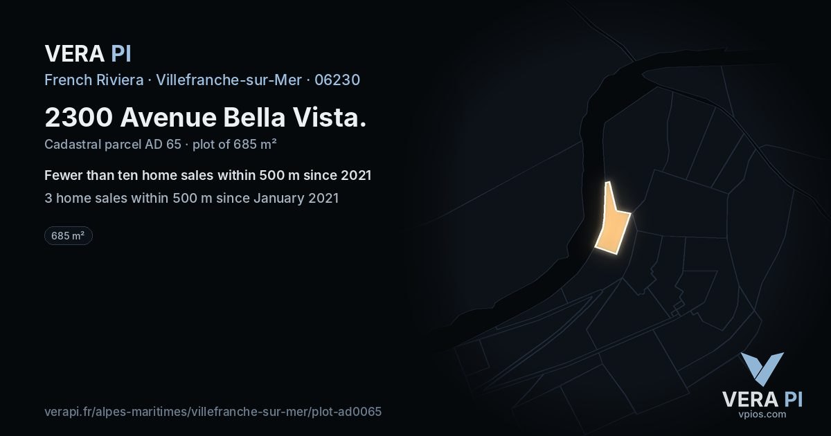 2300 Avenue Bella Vista, Villefranche-sur-Mer at night – the plot lit, the parcels around coloured by the prices near them